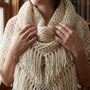 VINTAGE Hand-Crocheted Triangle Shawl - Extra Long 10" Fringe -Cream- Heirloom